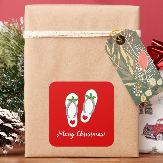 Sticker Carré Plage tropicale de Noël rouge feuillage (vacances)