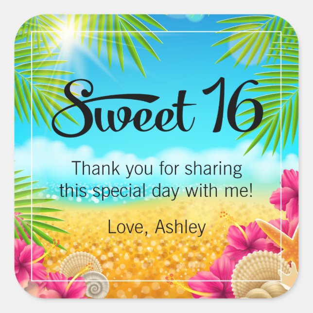 Sticker Carré Plage tropicale Pink Hibiscus Sweet 16 Faveur (Devant)