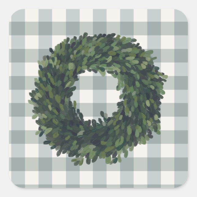 Sticker Carré Plaid Boxwood Wreath Farmhouse En vichy élégant (Devant)