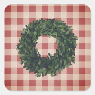 Sticker Carré Plaid Boxwood Wreath Farmhouse En vichy élégant
