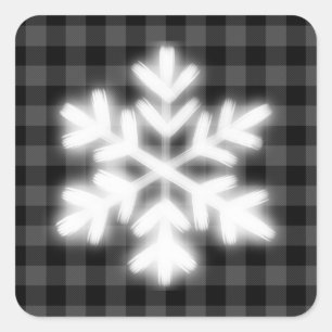 Sticker Carré Plaid gris et noir rustique, flocon de neige hiver