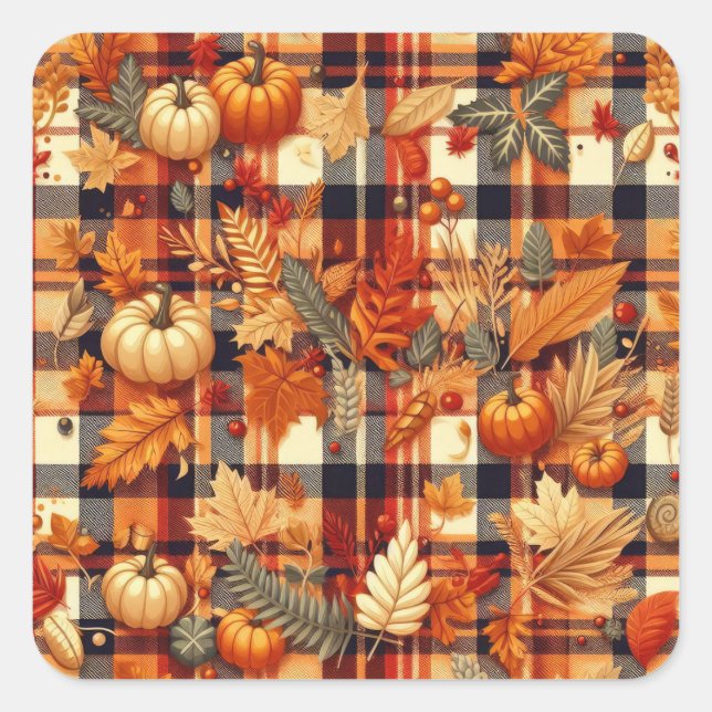 Sticker Carré Plaids d'automne citrouille Maple Feuille (Devant)