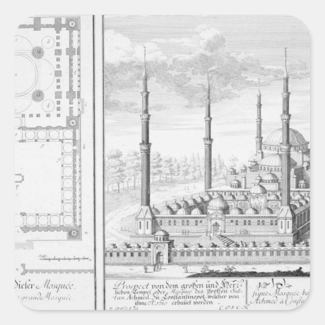 Sticker Carré Plan et vue sur la Mosquée Bleue (1609-16), constr (Devant)