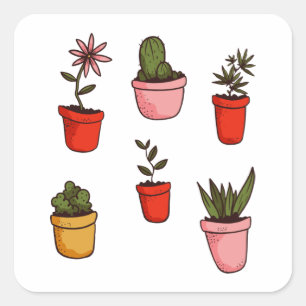 Sticker Carré Plantes potés et succulents mignons