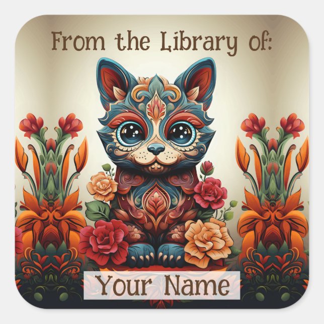 Sticker Carré Plaque avec chat décoratif (Devant)