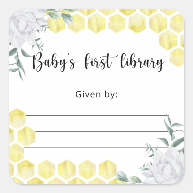 Sticker Carré Plaque Baby shower abeille, livres pour bébé (Devant)