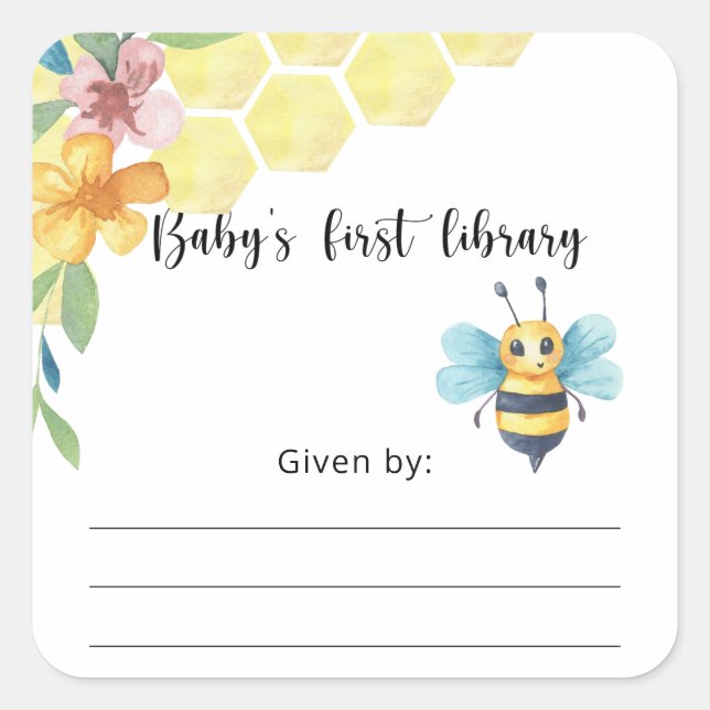 Sticker Carré Plaque Baby shower abeille, livres pour bébé (Devant)