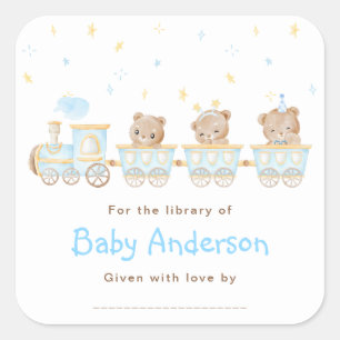 Sticker Carré Plaque Baby shower Bear Blue Train