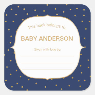 Sticker Carré Plaque-baby shower bleu marine + confetti d'or