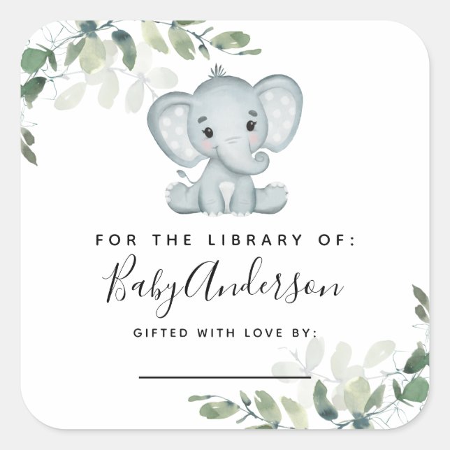 Sticker Carré Plaque Baby shower Eucalyptus Elephant (Devant)
