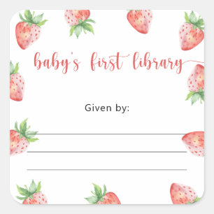 Sticker Carré Plaque Baby shower fraise, livres pour bébé