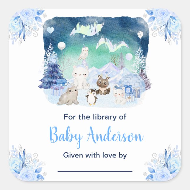 Sticker Carré Plaque Baby shower Northern Lights Animaux (Devant)