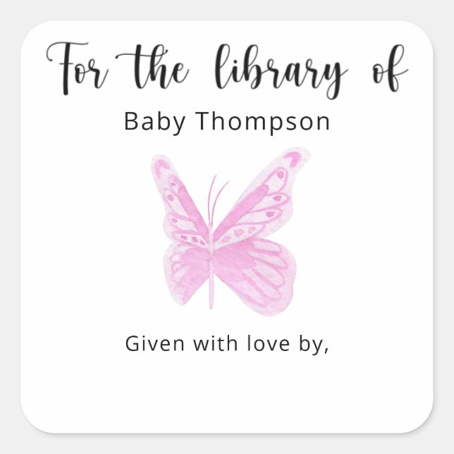 Sticker Carré Plaque Baby shower papillon, livres pour bébé (Devant)