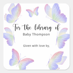 Sticker Carré Plaque Baby shower papillon, livres pour bébé