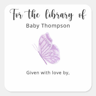 Sticker Carré Plaque Baby shower papillon, livres pour bébé