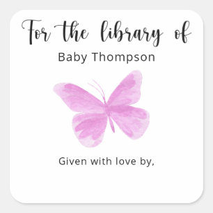 Sticker Carré Plaque Baby shower papillon, livres pour bébé