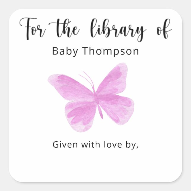 Sticker Carré Plaque Baby shower papillon, livres pour bébé (Devant)