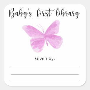Sticker Carré Plaque Baby shower papillon, livres pour bébé