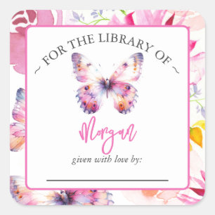 Sticker Carré Plaque Baby shower papillon rose