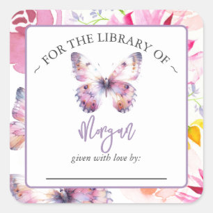 Sticker Carré Plaque Baby shower papillon violet
