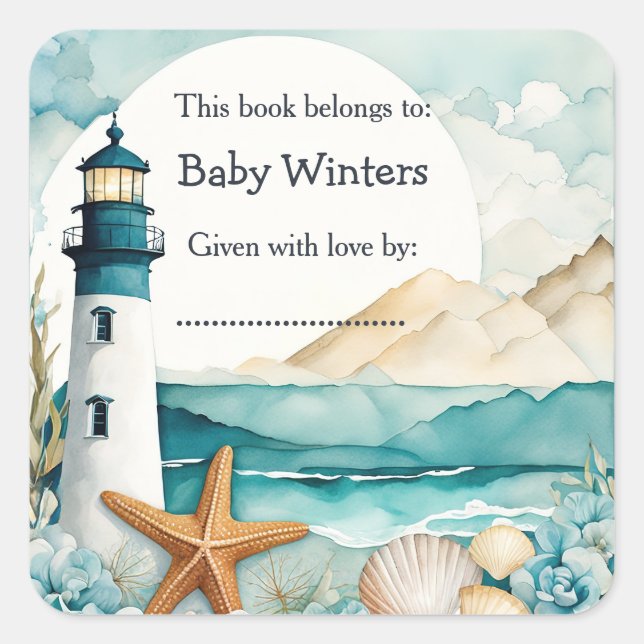 Sticker Carré Plaque Baby shower phare nautique (Devant)