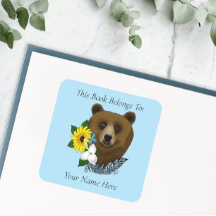 Sticker Carré Plaque Brown de plumes de fleurs bleu ours