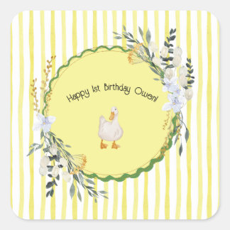 Sticker Carré plaque d'anniversaire de canard rayé jaune personn
