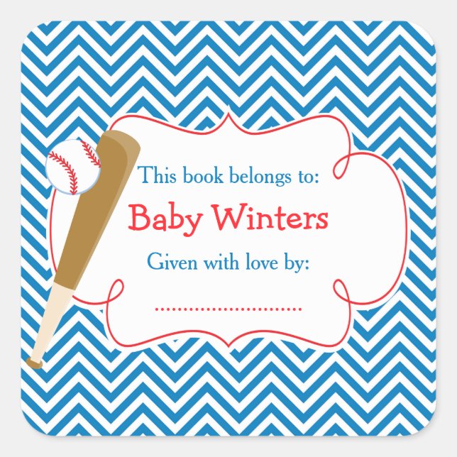 Sticker Carré Plaque de Baby shower de baseball bleu/blanc Chevr (Devant)