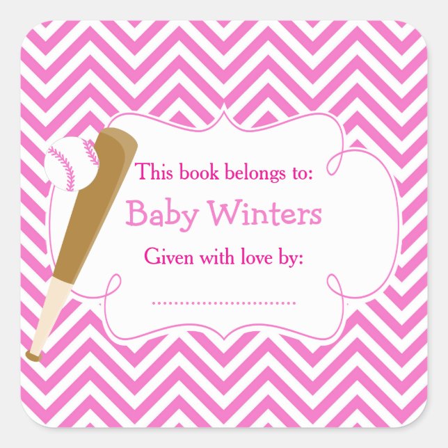 Sticker Carré Plaque de Baby shower de baseball rose/blanc Chevr (Devant)