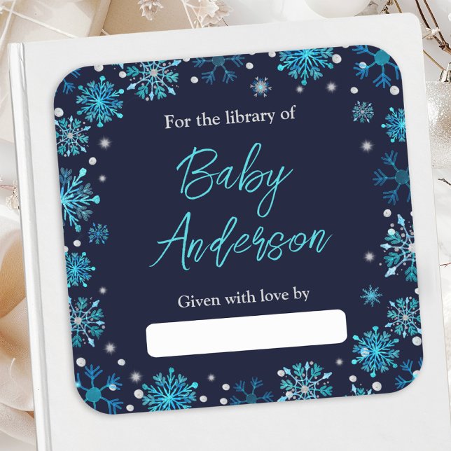 Sticker Carré Plaque de Baby shower de flocons de neige bleu et  (Créateur téléchargé)