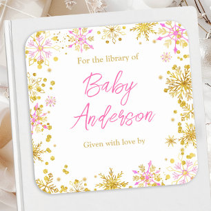 Sticker Carré Plaque de Baby shower de flocons de neige rose et 