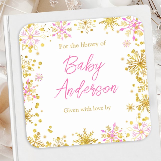 Sticker Carré Plaque de Baby shower de flocons de neige rose et  (Créateur téléchargé)