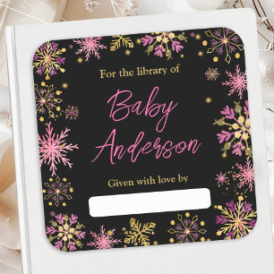 Sticker Carré Plaque de Baby shower de flocons d'or et de rose