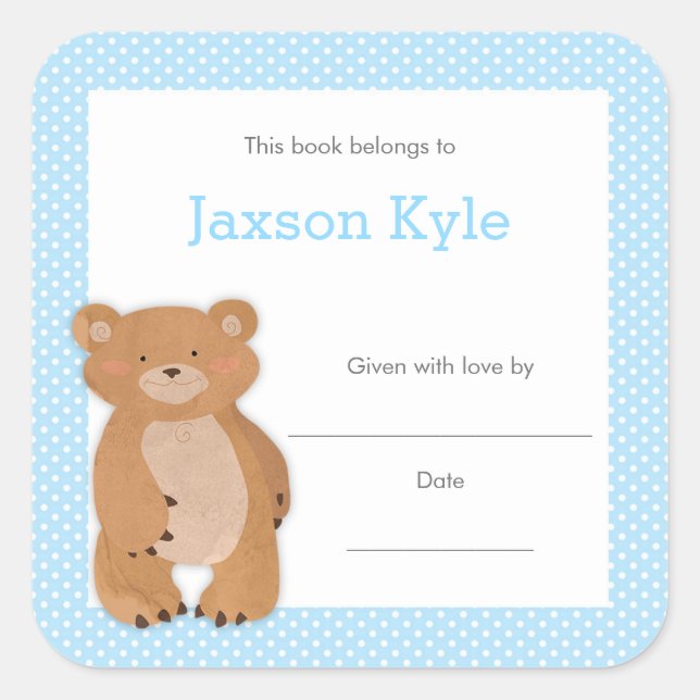 Sticker Carré Plaque de Baby shower de l'ours bleu, plaque de li (Devant)