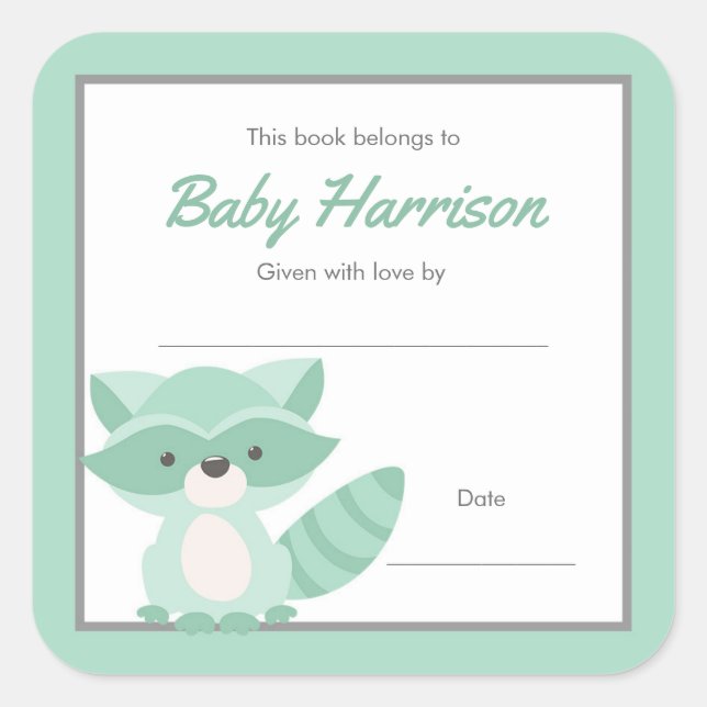 Sticker Carré Plaque de Baby shower de Mint Raccoon, neutre (Devant)