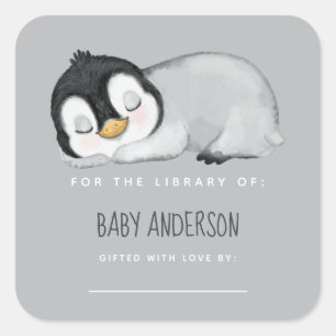 Sticker Carré Plaque de Baby shower de pingouin mignon
