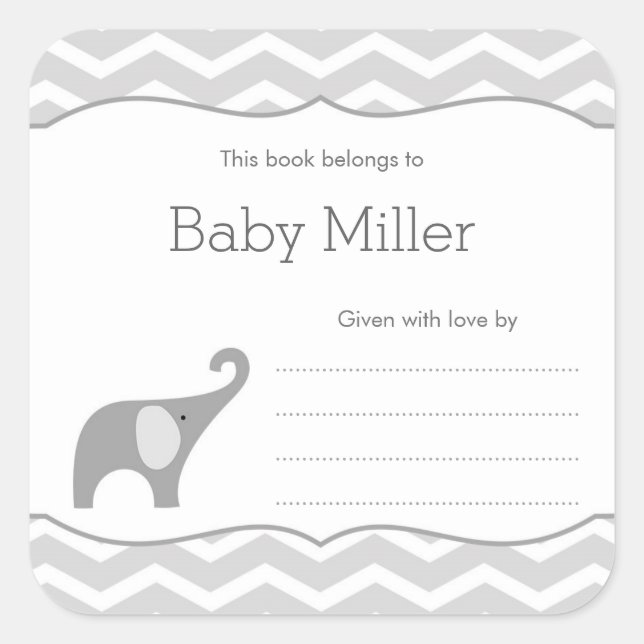 Sticker Carré Plaque de Baby shower d'éléphant gris, neutre (Devant)