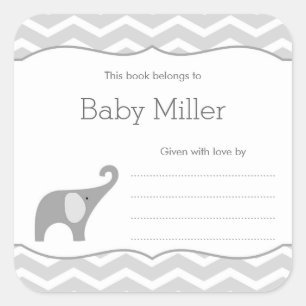 Sticker Carré Plaque de Baby shower d'éléphant gris, neutre