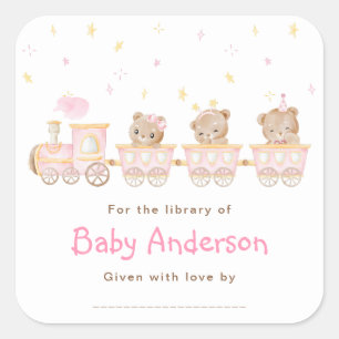 Sticker Carré Plaque de Baby shower du train rose ours