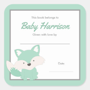 Sticker Carré Plaque de Baby shower Mint Fox, genre neutre