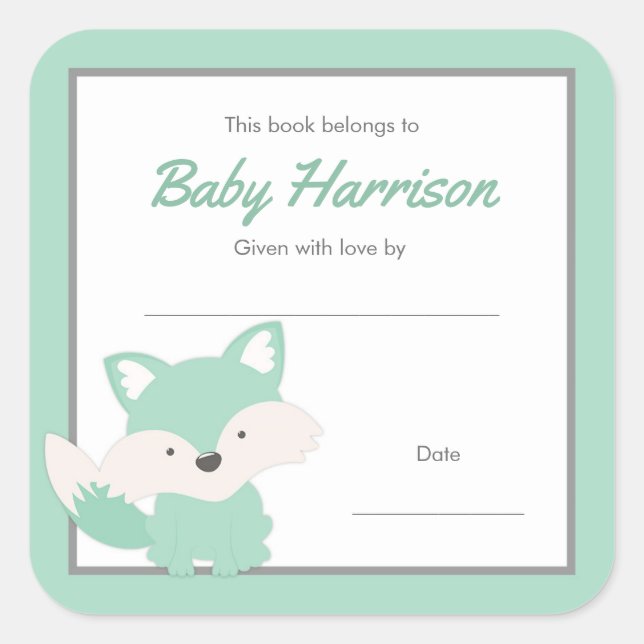 Sticker Carré Plaque de Baby shower Mint Fox, genre neutre (Devant)