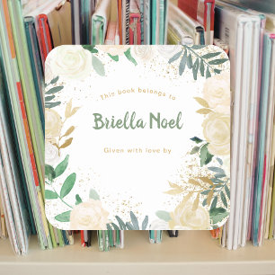 Sticker Carré Plaque de Baby shower pour fille Floral or blanc