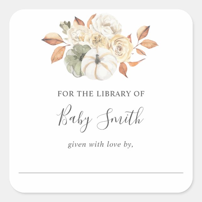 Sticker Carré Plaque de bibliothèque de Baby shower de Citrouill (Devant)