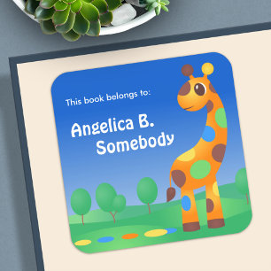 Sticker Carré Plaque de livre de la Giraffe de dessin coloré