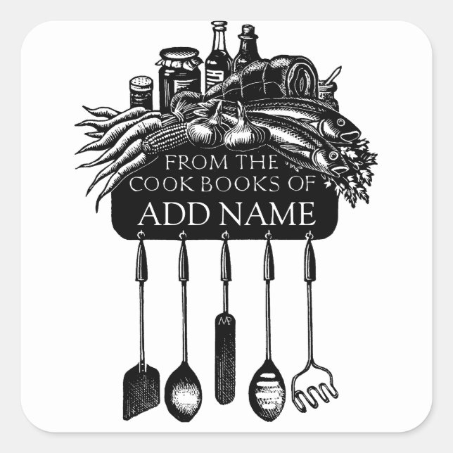 Sticker Carré Plaque De Livres Avec Alimentation Et Ustensiles (Devant)