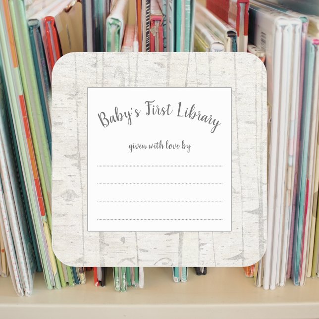Sticker Carré Plaque livre de baby shower de bouleau rustique (Créateur téléchargé)