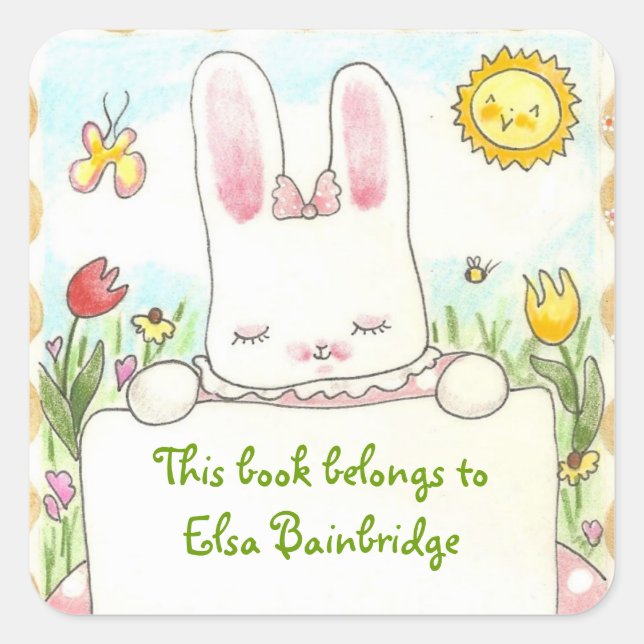 Sticker Carré Plaque-livre de lapin rose (Devant)