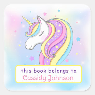 Sticker Carré Plaque-livre de nom unicorne pastel personnalisé a