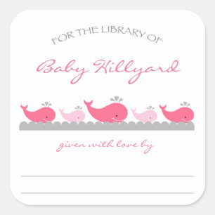 Sticker Carré Plaques Baby showers pour filles / baleines gris r