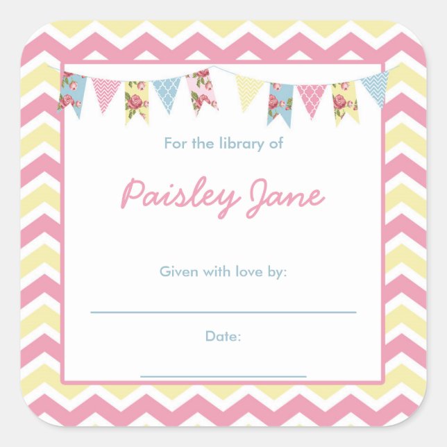 Sticker Carré Plaques de Baby shower de Bunch Jaune Rose (Devant)